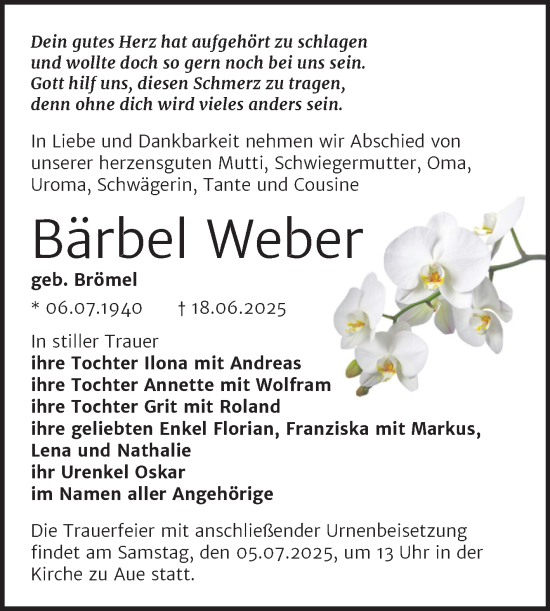 Traueranzeige von Bärbel Weber von Super Sonntag Naumburg/Nebra