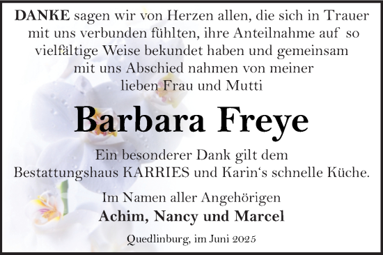 Traueranzeige von Barbara Freye von Trauerkombi Quedlinburg