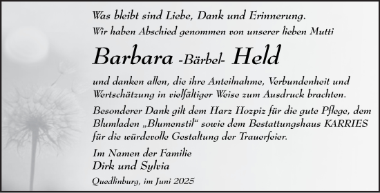 Traueranzeige von Barbara Held von Trauerkombi Quedlinburg