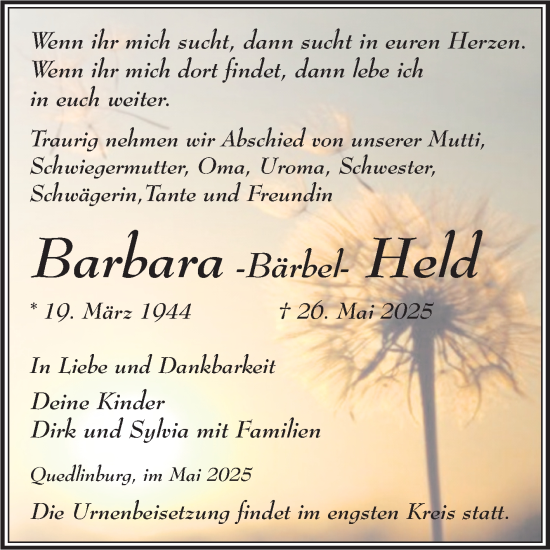Traueranzeige von Barbara Held von Trauerkombi Quedlinburg