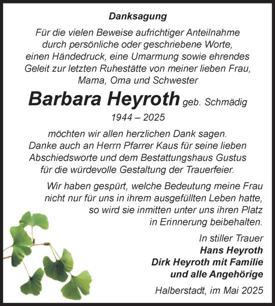 Traueranzeige von Barbara Heyroth von Volksstimme Halberstadt