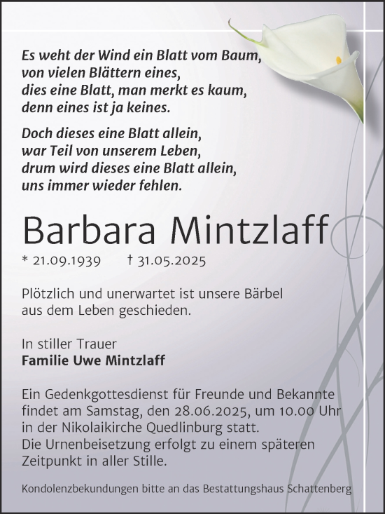 Traueranzeige von Barbara Mintzlaff von Trauerkombi Quedlinburg
