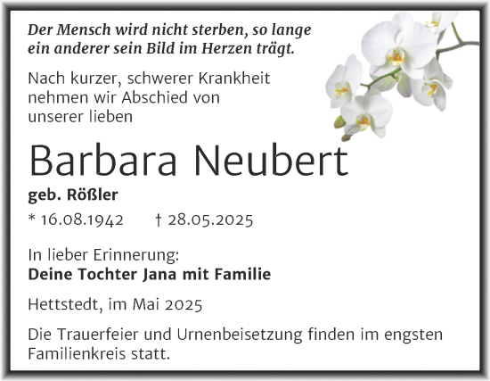 Traueranzeige von Barbara Neubert von Mitteldeutsche Zeitung Mansfelder Land