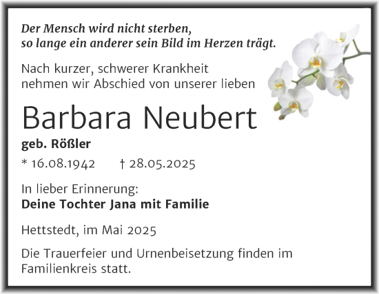 Traueranzeige von Barbara Neubert von Super Sonntag Mansfelder Land