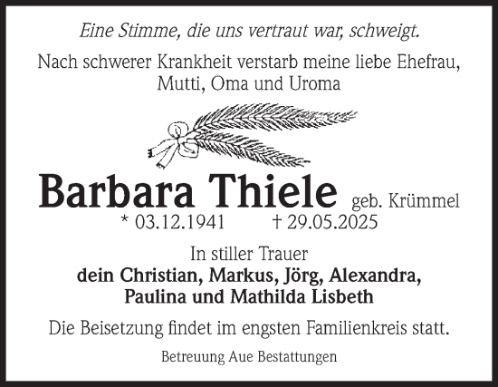 Traueranzeige von Barbara Thiele von Volksstimme Magdeburg