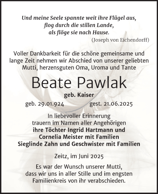 Traueranzeige von Beate Pawlak von Trauerkombi Zeitz