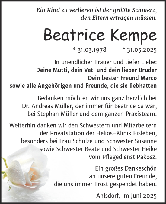 Traueranzeige von Beatrice Kempe von Trauerkombi Mansfelder Land