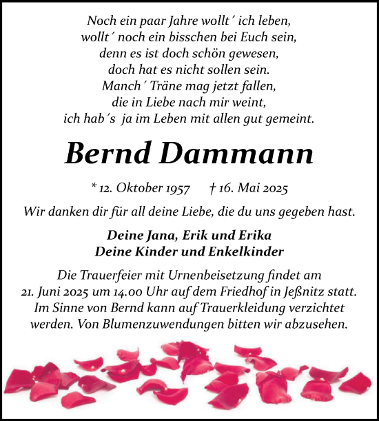 Traueranzeige von Bernd Dammann von Trauerkombi Dessau