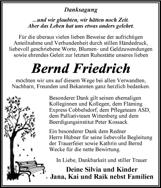 Traueranzeige von Bernd Friedrich von Trauerkombi Wittenberg