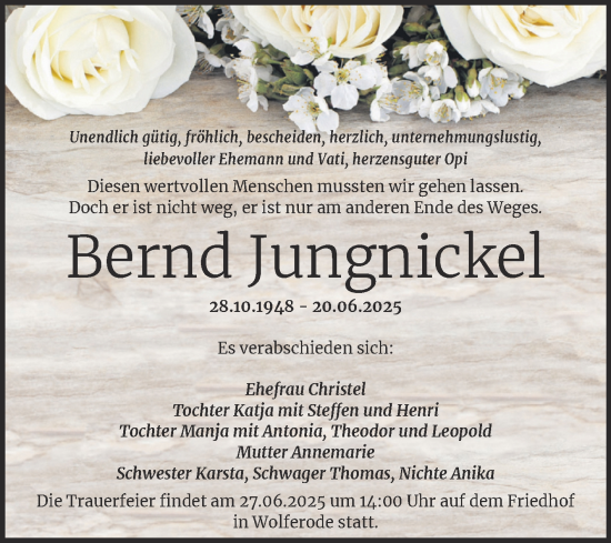 Traueranzeige von Bernd Jungnickel von Mitteldeutsche Zeitung Mansfelder Land