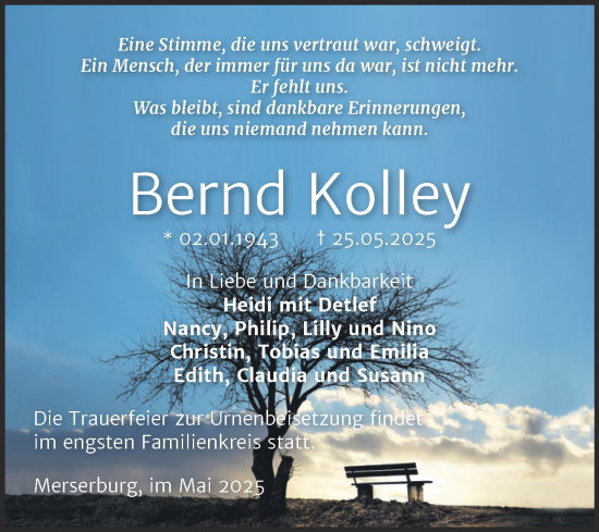 Traueranzeige von Bernd Kolley von Trauerkombi Merseburg