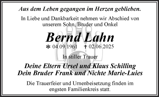 Traueranzeige von Bernd Lahn von Trauerkombi Dessau