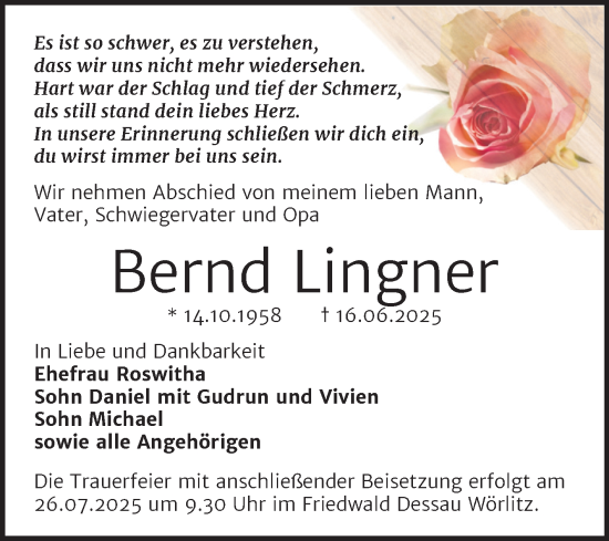 Traueranzeige von Bernd Lingner von Trauerkombi Dessau