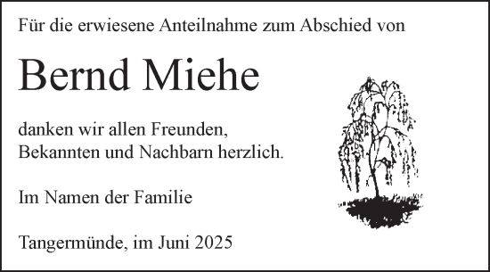 Traueranzeige von Bernd Miehe von Volksstimme Altmark Ost