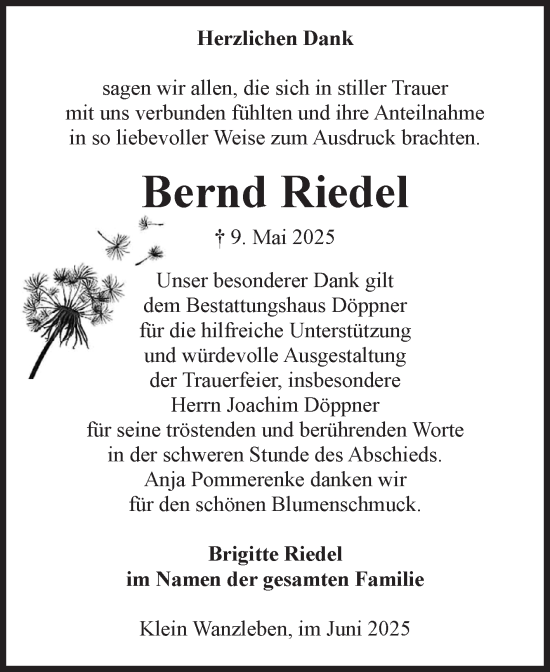 Traueranzeige von Bernd Riedel von Volksstimme Oschersleben/Wanzleben