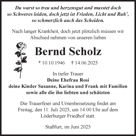 Traueranzeige von Bernd Scholz von Volksstimme Staßfurt