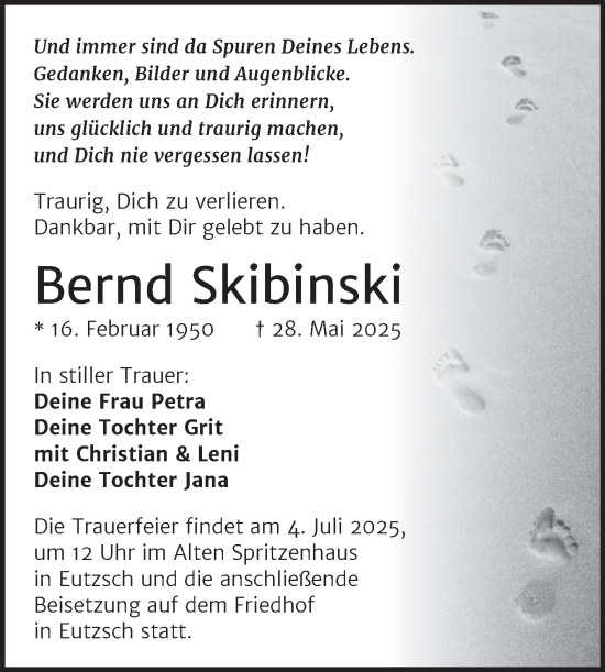 Traueranzeige von Bernd Skibinski von Trauerkombi Wittenberg