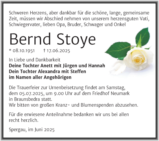 Traueranzeige von Bernd Stoye von Trauerkombi Merseburg