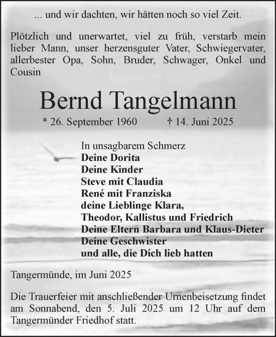 Traueranzeige von Bernd Tangelmann von Volksstimme Altmark Ost