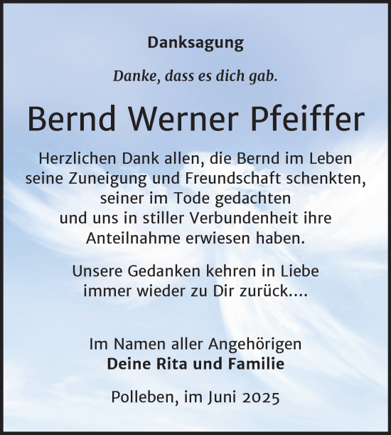 Traueranzeige von Bernd Werner Pfeiffer von Trauerkombi Mansfelder Land