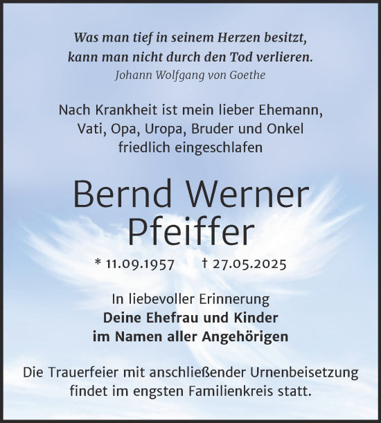 Traueranzeige von Bernd Werner Pfeiffer von Trauerkombi Mansfelder Land