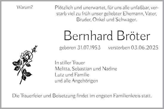 Traueranzeige von Bernhard Bröter von Volksstimme Magdeburg