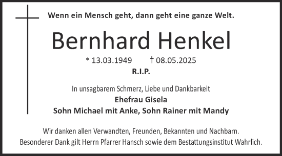 Traueranzeige von Bernhard Henkel von Trauerkombi Mansfelder Land