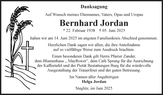 Traueranzeige von Bernhard Jordan von Volksstimme Burg/Genthin