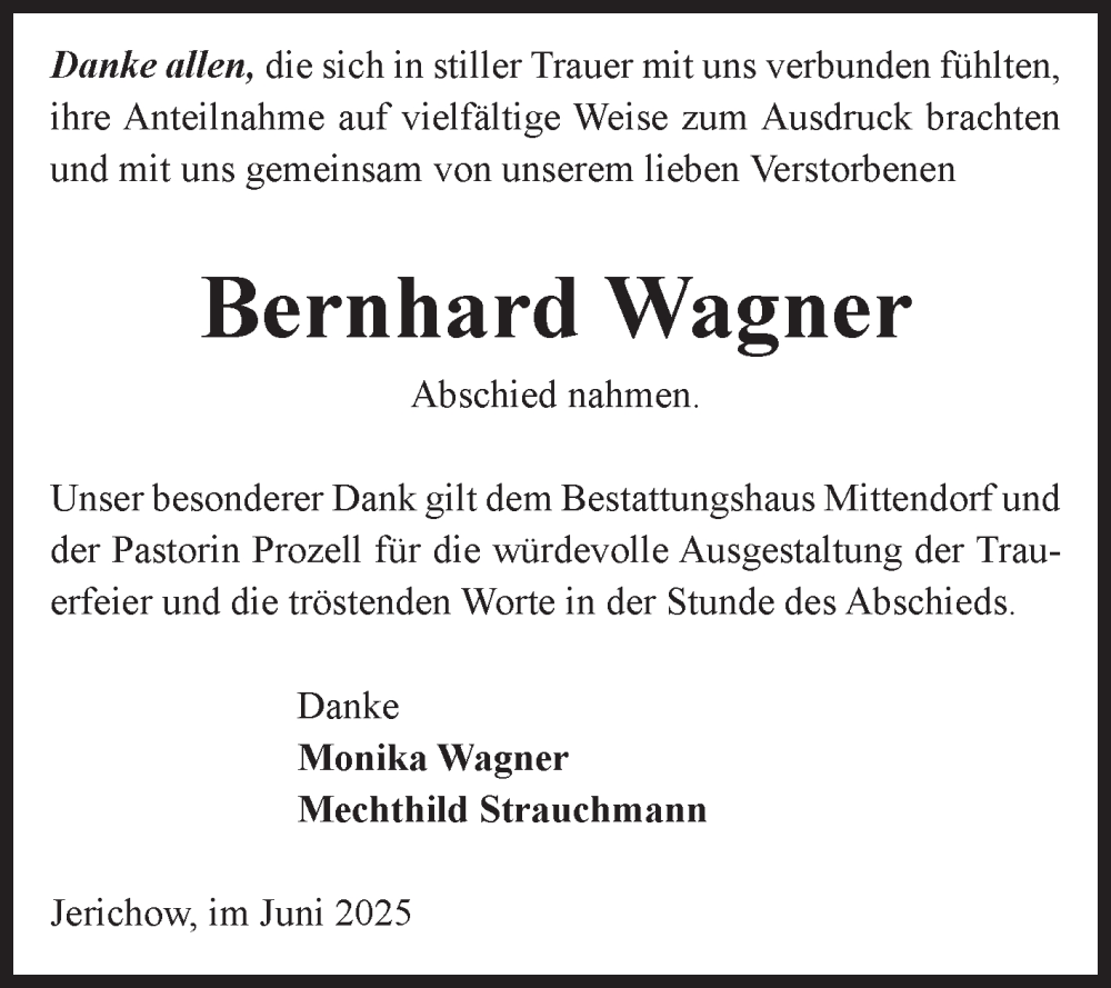  Traueranzeige für Bernhard Wagner vom 28.06.2025 aus Volksstimme Burg/Genthin