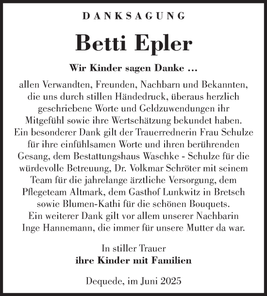 Traueranzeige von Betti Epler von Volksstimme Altmark Ost