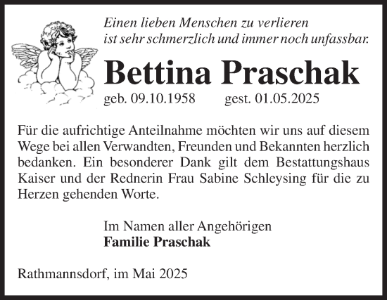 Traueranzeige von Bettina Praschak von Volksstimme Staßfurt