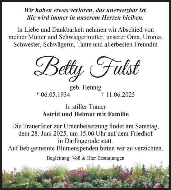 Traueranzeige von Betty Fulst von Volksstimme Wernigerode