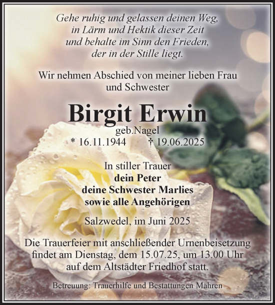 Traueranzeige von Birgit Erwin von Volksstimme Altmark West