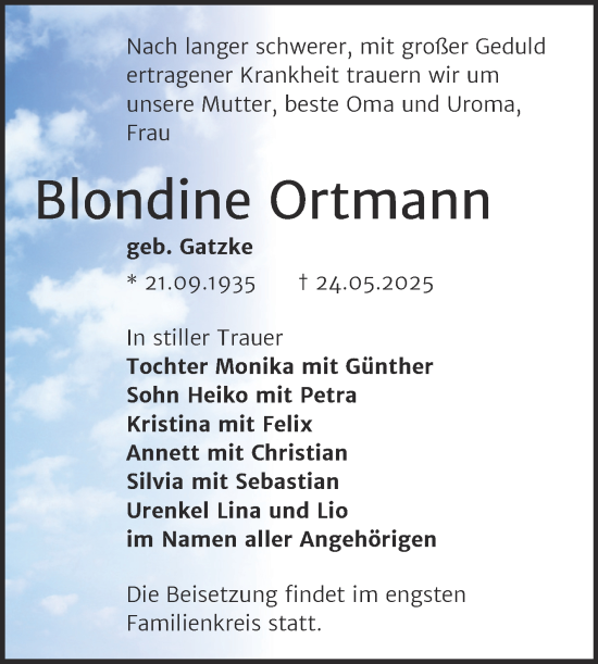Traueranzeige von Blondine Ortmann von Trauerkombi Zeitz