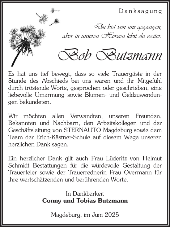 Traueranzeige von Bob Butzmann von Volksstimme Magdeburg