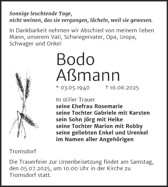 Traueranzeige von Bodo Aßmann von Super Sonntag Naumburg/Nebra