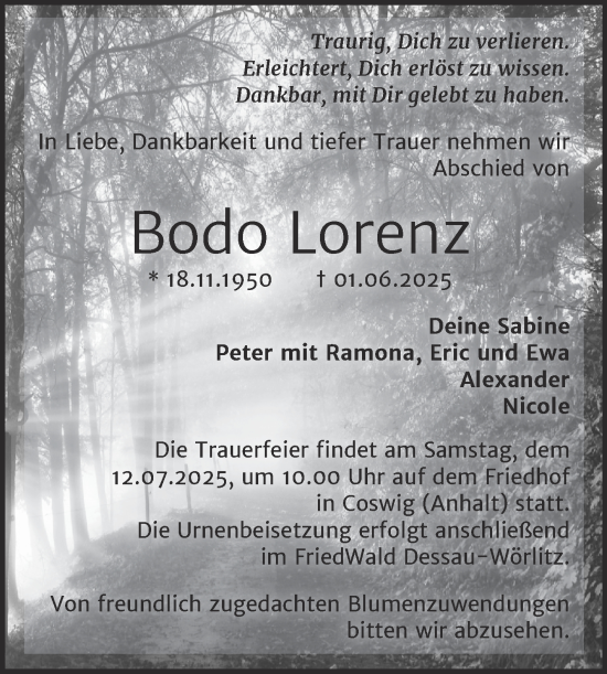 Traueranzeige von Bodo Lorenz von Trauerkombi Wittenberg