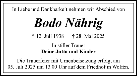 Traueranzeige von Bodo Nährig von Trauerkombi Bitterfeld
