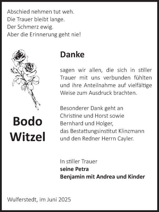 Traueranzeige von Bodo Witzel von Volksstimme Oschersleben/Wanzleben