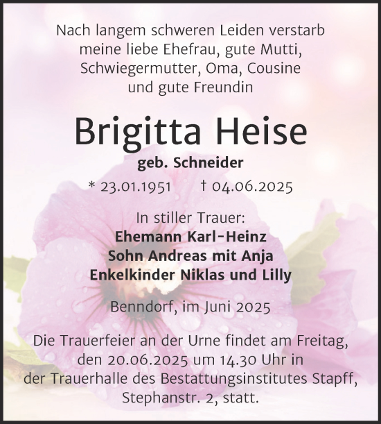 Traueranzeige von Brigitta Heise von Trauerkombi Mansfelder Land