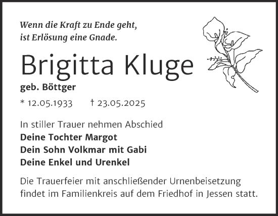 Traueranzeige von Brigitta Kluge von Super Sonntag Wittenberg