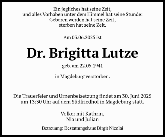 Traueranzeige von Brigitta Lutze von Volksstimme Magdeburg