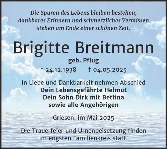 Traueranzeige von Brigitte Breitmann von Trauerkombi Wittenberg