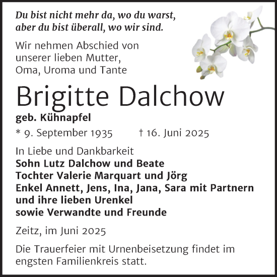 Traueranzeige von Brigitte Dalchow von Trauerkombi Zeitz