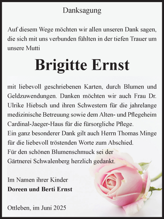 Traueranzeige von Brigitte Ernst von Volksstimme Oschersleben/Wanzleben