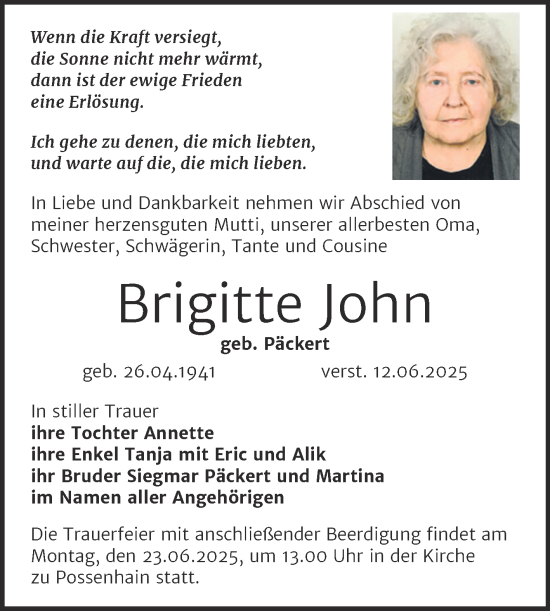 Traueranzeige von Brigitte John von Super Sonntag Naumburg/Nebra