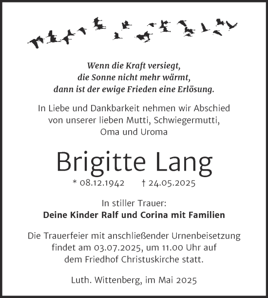 Traueranzeige von Brigitte Lang von Trauerkombi Wittenberg
