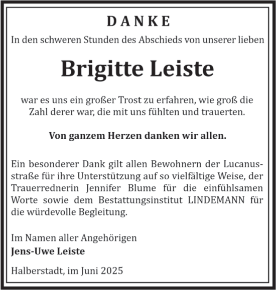 Traueranzeige von Brigitte Leiste von Volksstimme Halberstadt