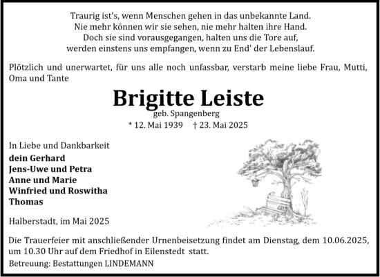 Traueranzeige von Brigitte Leiste von Volksstimme Halberstadt