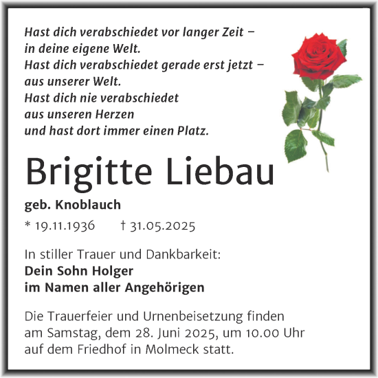 Traueranzeige von Brigitte Liebau von Trauerkombi Mansfelder Land